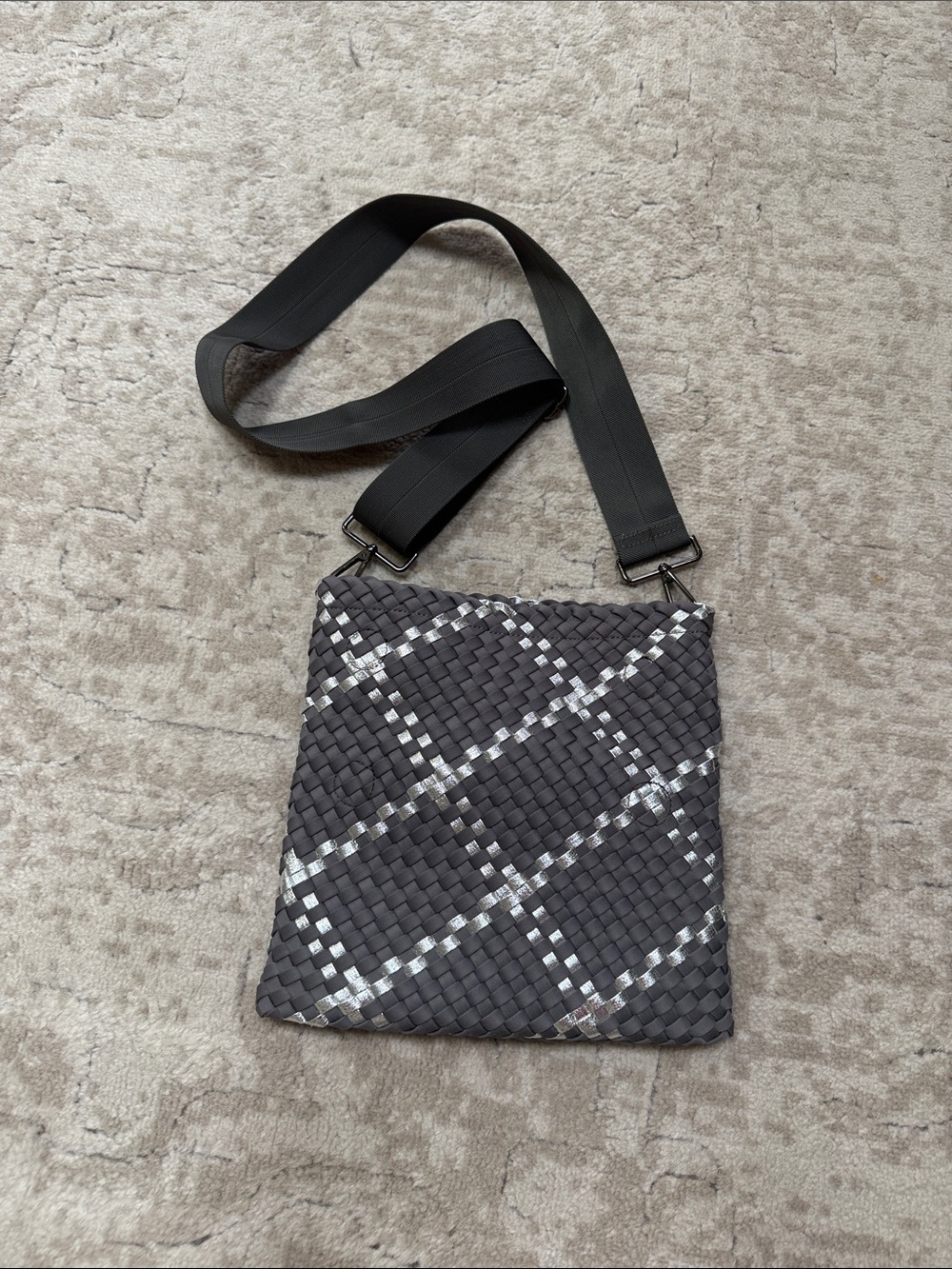 HAUTE SHORE Charcoal Gray Woven Crossbody with Silver Diagonal Accent